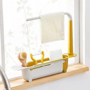 Telescopic Sink Storage Rack,Adjustable Length, Drain Basket Plastic and Sponge